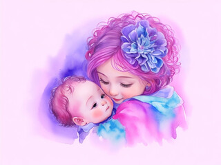 Fototapeta premium watercolor illustration cute baby girl with mother and generated by AI