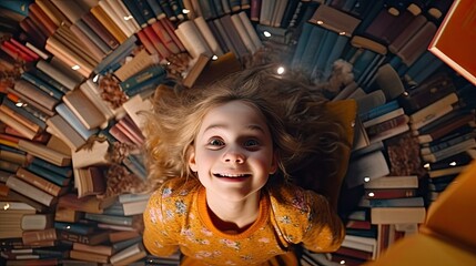 Happy smiling girl lies on stacks of books, dreamlike love for reading books, cute funny little girl bookworm wants to travel into imaginary world from books, development of imagination, generative AI