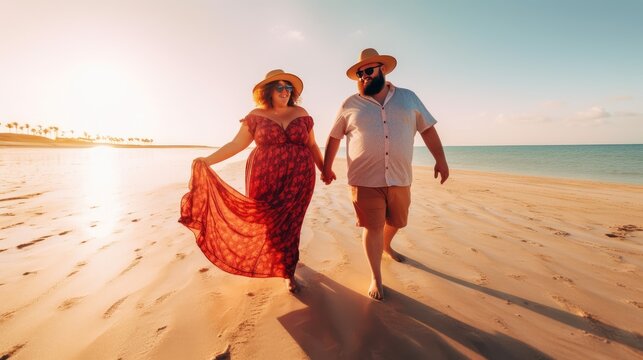 Happy couple with obesity walks along seacoast at sandy beach, beautiful sunlight with fresh air on seashore, very fat body positive couple not shy and walking outdoor, generative AI