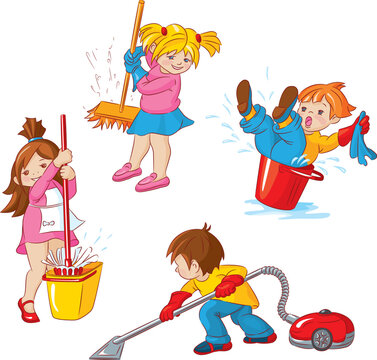 Children, busy cleaning up apartments.