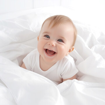 happy little baby in white clothes on a white blanket, little boy in white, positive emotions. Generative AI