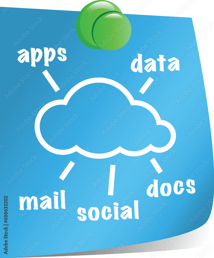 Poster cloud computing concept with cloud shape on blue sticky note. vector illustration