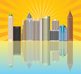 Atlanta Georgia City Skyline  with Sun Rays and Reflection Illustration