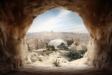 Easter Sunday concept: Jesus Christ is risen from tomb. View from empty cave to Jerusalem. Generative AI