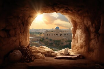 Easter Sunday concept: Jesus Christ is risen from tomb. View from empty cave to Jerusalem. Generative AI - 608633623