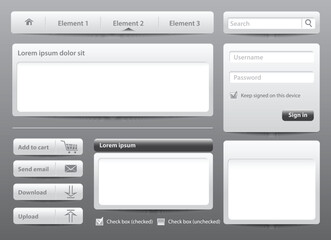 Light gray skin web design elements and modules on dark background. Vector Illustration