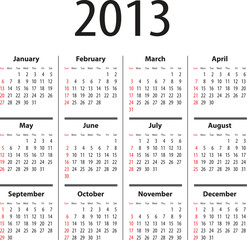 Calendar for 2013. Sundays first