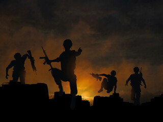 Dramatic vector illustration of soldiers advancing at dawn or dusk, made with a gradient mesh
