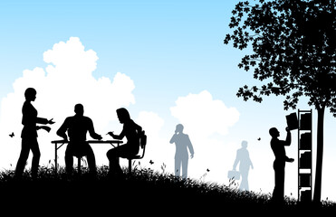 Editable vector silhouettes of workers in a meadow office