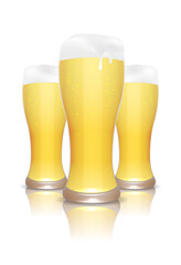 Three beer glasses with reflection isolated on white, vector illustration, eps10