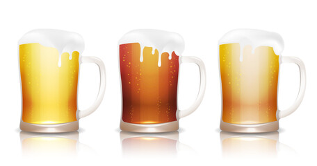 Light, dark and unfiltered beer in mugs with reflection, isolated on white, vector illustration, eps10