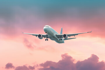 Airplane is flying in colorful sky at sunset. Landscape with white passenger airplane, purple sky with pink clouds. Aircraft is landing. Business trip. Commercial plane. Travel. Generative AI