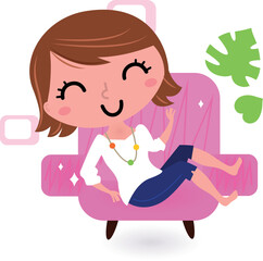 Cute young girl in sofa. Vector cartoon