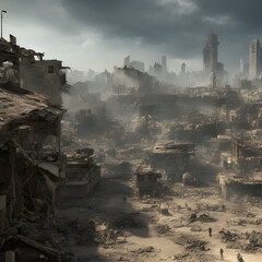 Naklejka premium War-torn city. Ruins, scorched earth, fires. generative AI