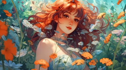 hand drawn illustration of a girl in beautiful flowers
