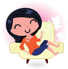 Fototapeta na wymiar Cute young girl in sofa. Vector cartoon