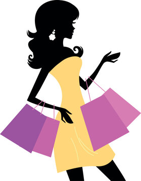 Retro woman silhouette with shopping bags. Vector