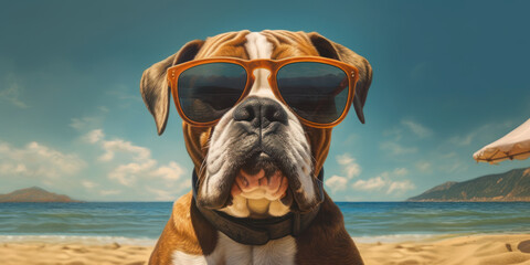 Fototapeta na wymiar Summer Fun: Cute Boxer Dog Wearing Sunglasses and Posing with a Funny Face on the Beach. Generative AI