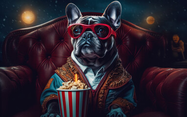 Cozy Cinema Companion: Funny French Bulldog with Red Glasses Holding Popcorn in a Pink and Amber Setting. Generative AI. - obrazy, fototapety, plakaty