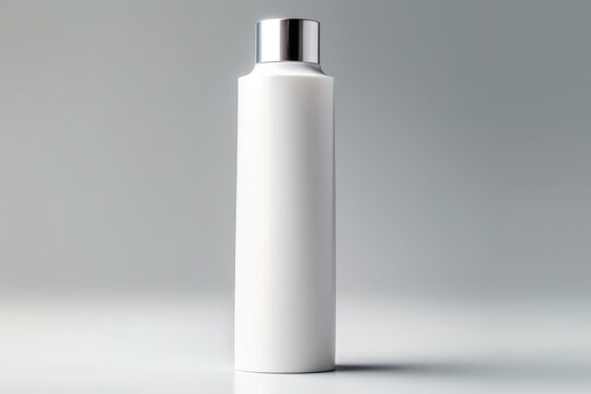 White cosmetic lotion, gel, soap shampoo bottle on white background. Design of plastic package for shower cream, bath product, cream. Generative AI