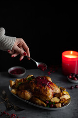 Roasted whole chicken with cranberry sauce. Dark background with Christmas candle. Christmas food and celebration. Christmas dinner.
