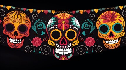 Mexican Dia de los Muertos (Day of the Dead) sugar skull with flowers banner. Generative ai