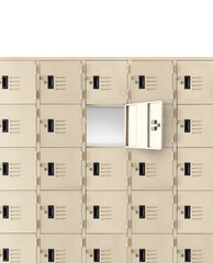 Deposit  locker boxes or gym lockers inside of a room with one central opened door