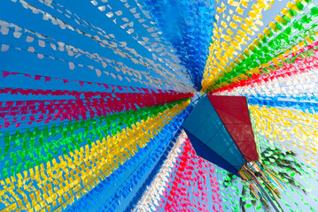 Decoration with balloons and colorful flags for the June festival of Sao Joao