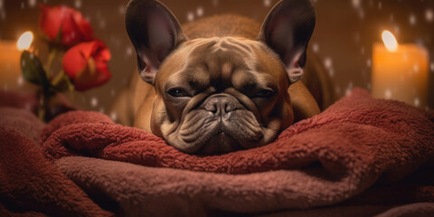 Floral Bliss: Towel-Clad French Bulldog Radiates Relaxation in Spa Studio Ambiance. Generative AI