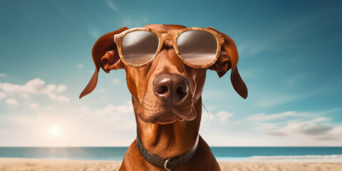 Fototapeta na wymiar Beach Vibes: Cute and Funny Doberman Pinscher Dog with a Smiling Expression in Sunglasses. Generative AI