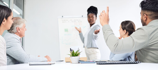 Questions, presentation and business people, leader or manager on whiteboard, finance solution or stats update. Yes, speaking and african woman, man and hands in air for financial feedback in meeting