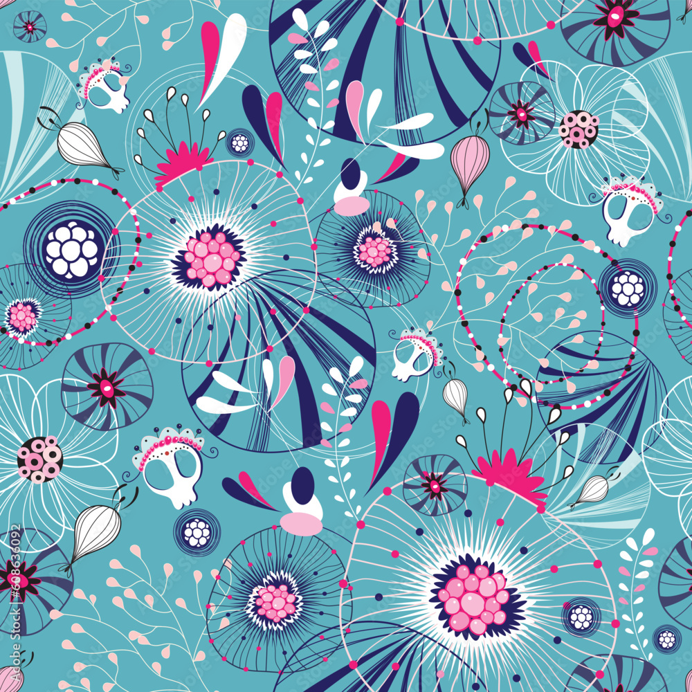 Poster seamless abstract pattern on a blue background with skulls