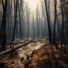 Charred and blackened forest after a fire has passed through. Generative ai