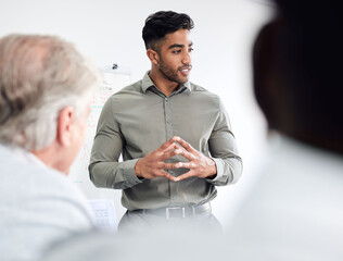 Business meeting, leadership and man speaking, discussion or creative staff update for project...