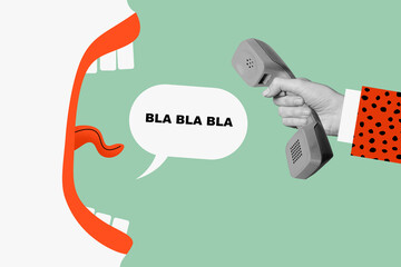 Collage artwork minimal picture of annoying open mouth screaming vintage phone isolated green color background