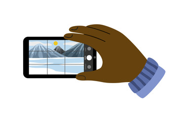 Hands with smartphone. Man holds phone and takes pictures of mountains. Photo of winter landscape on screen. Technology and gadget. Cartoon flat vector illustration isolated on white background