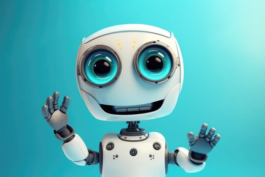 White happy cute friendly and cheerful robot on turquoise background. Generative AI