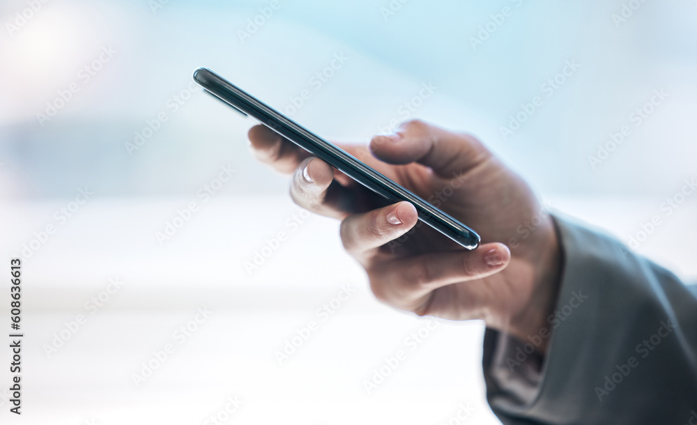 Wall mural phone, hand and communication with a business person typing a text message or email on a blurred bac