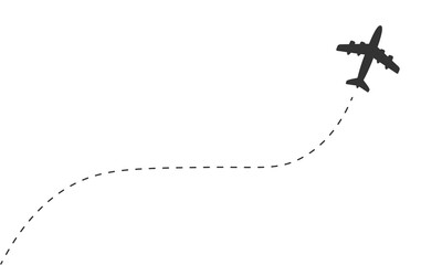 Airplane line path vector icon of air plane flight route with start point and dash line trace
