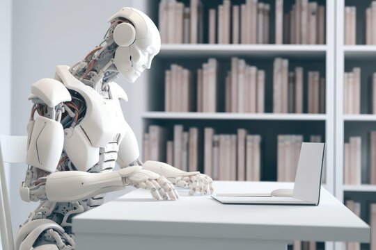 Humanoid robot works on laptop in modern office. Generative AI. Banner