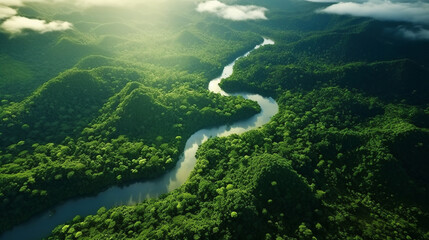 Aerial view of Amazon rainforest jungle with river . Generative AI
 - obrazy, fototapety, plakaty