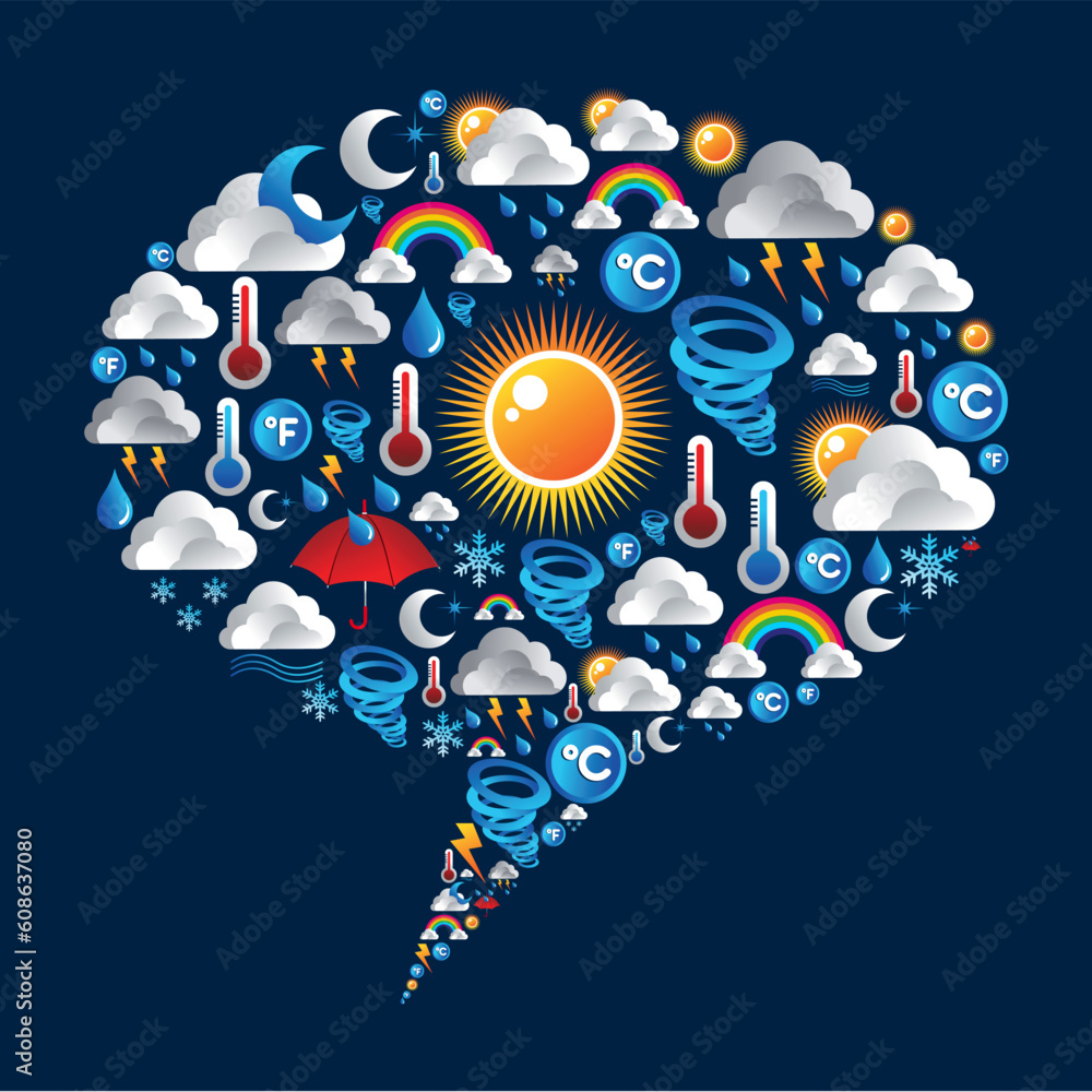 Aufkleber weather icons set in social media bubble shape background. vector file layered for easy manipulation