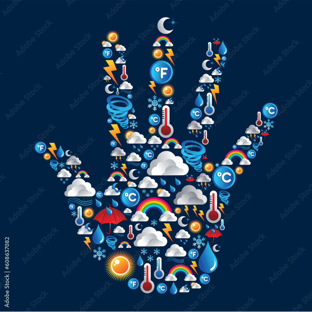 Aufkleber weather icons set in hand shape over blue background. vector file layered for easy manipulation and 