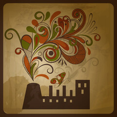 vector eco  concept composition with a factory and  floral exhaust smoke coming from it   on crumpled paper texture, eps 10
