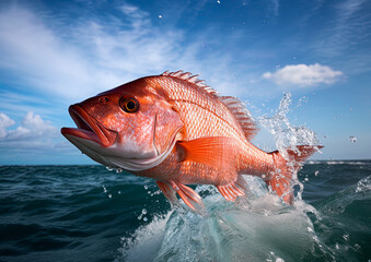 Red Snapper jumping out of the ocean water. Ai generative - obrazy, fototapety, plakaty