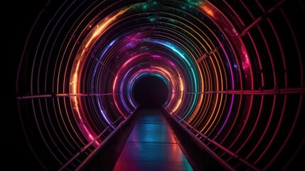 abstract vibrant neon multi color tunnel into cosmos, cosmic lighting, background, wallpaper, Generative AI