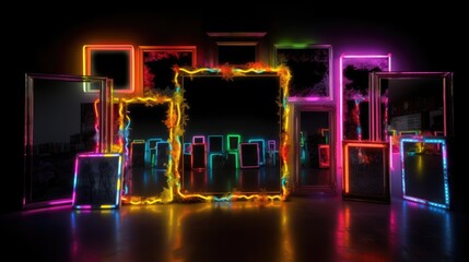 radiant energy frame neon multi color lamps and mirrors. dark black background, wallpaper, Generative AI