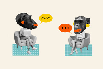 Collage pinup sketch of funny funky chimp heads ladies communicating modern devices isolated beige color background