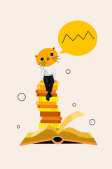 Vertical illustration collage picture of head cat sketch picture of funny kitty academic reading...