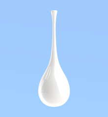 3d render cream or milk drop isolated on blue background. Realistic mockup of white dripping drip with glossy liquid texture. Falling droplet of mayonnaise, yogurt or cosmetic product. 3D illustration